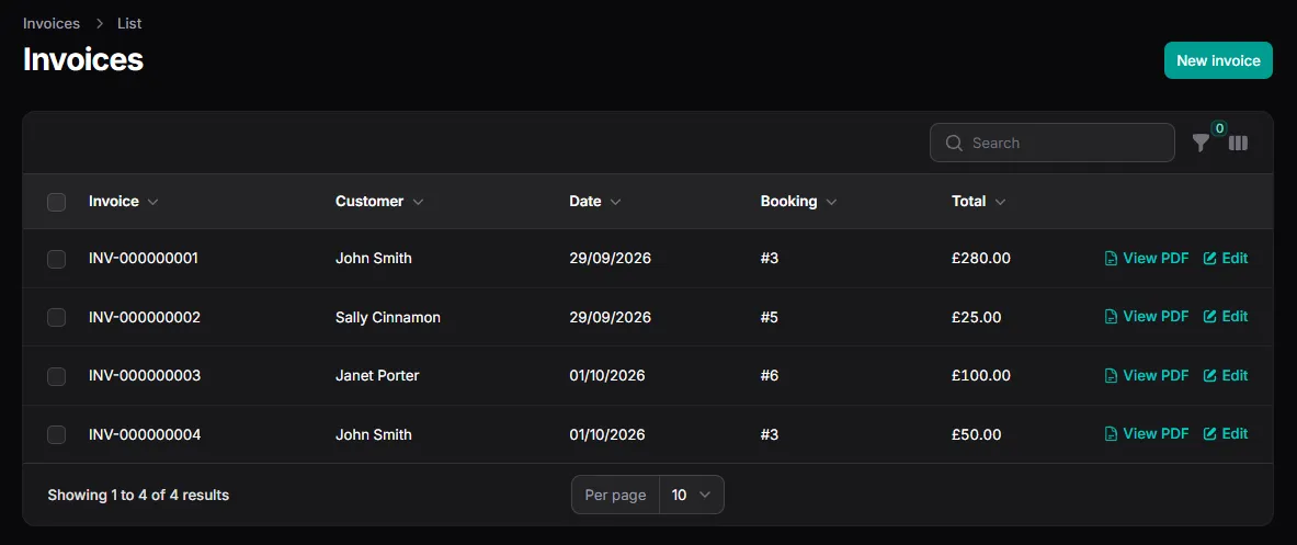 The KennelDesk invoices screen listing invoices linked to bookings