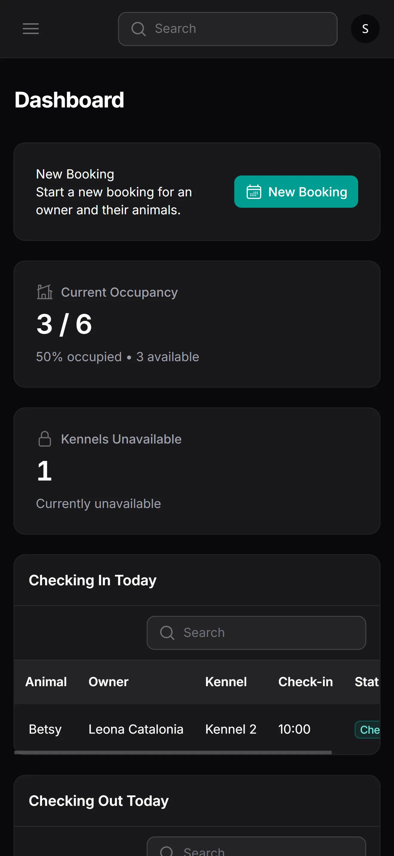 KennelDesk on a phone, showing the dashboard in a mobile-friendly layout